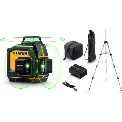 Зеленый лазерный нивелир STAYER SL-3D #3, 50м, точн. +/-0,5 мм/м, штатив 34963-3