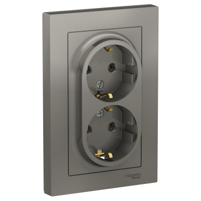 Розетка двойная Systeme Electric (ранее Schneider Electric) серии AtlasDesign (в сборе, цвет сталь) с заземлением