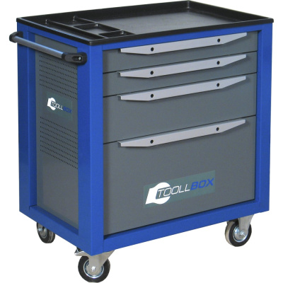 Инструментальная тележка Toollbox серии standart TBS-4 RAL 5005 укомплектована четырьмя выдвижными ящиками трех