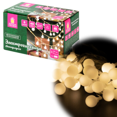 Электрогирлянда-нить комнатная 6 м, 40 LED, с насадками, вид: "Шарики", тёплый белый, на батарейках, ЗОЛОТАЯ СКАЗКА, 591730