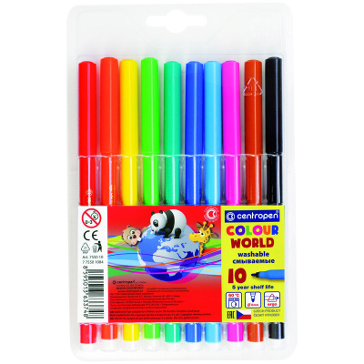 Фломастеры 10 ЦВЕТОВ CENTROPEN "Colour World", круглые, смываемые, 7550/10TP, 775501084