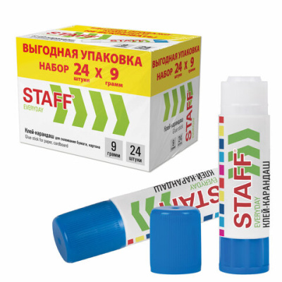 Клей-карандаш 9 г, ВЫГОДНАЯ УПАКОВКА, КОМПЛЕКТ 24 ШТУКИ, STAFF EVERYDAY, 273016